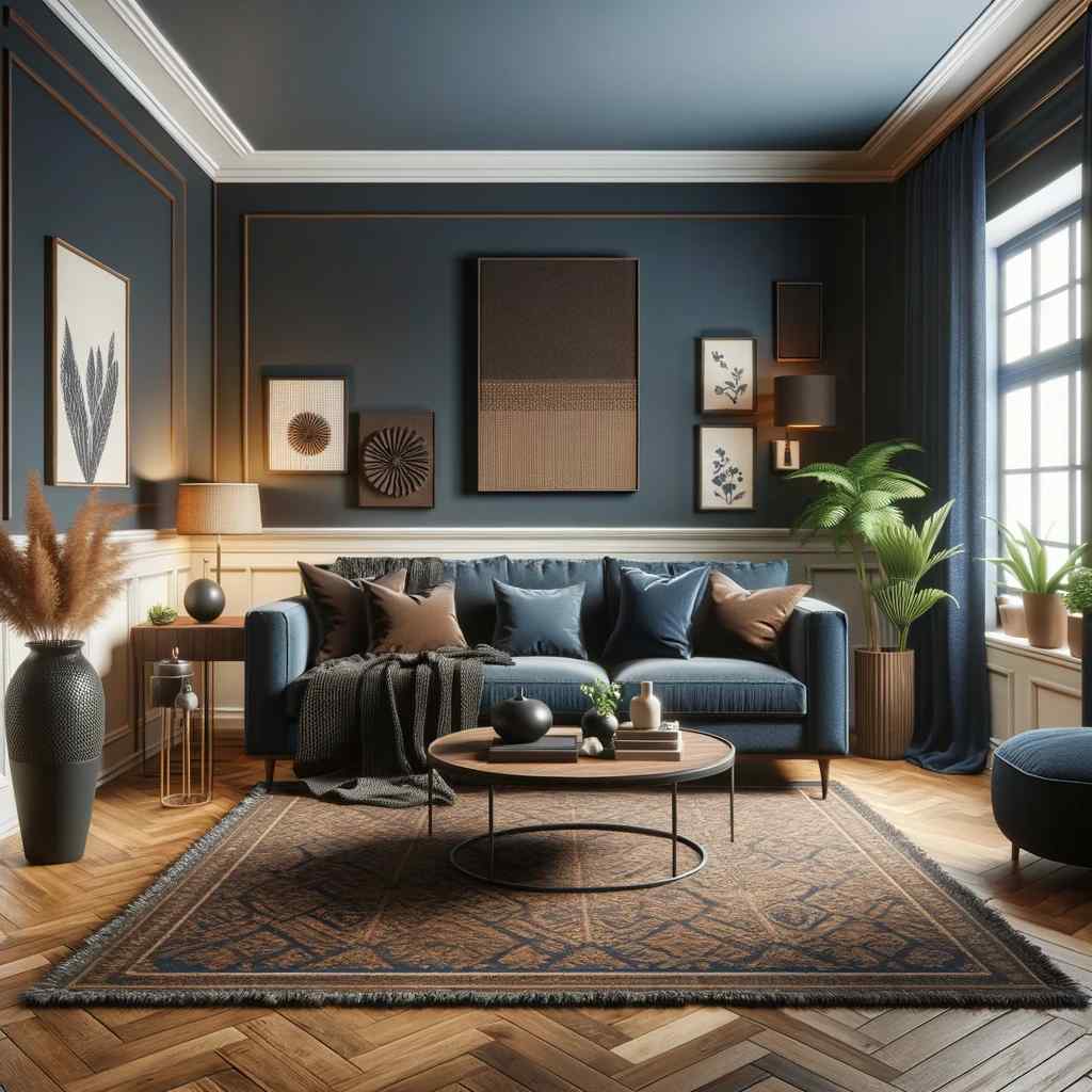 brown and navy blue living room colour combination