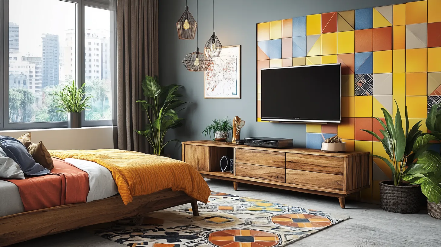 eclectic boho tv unit design for bedroom