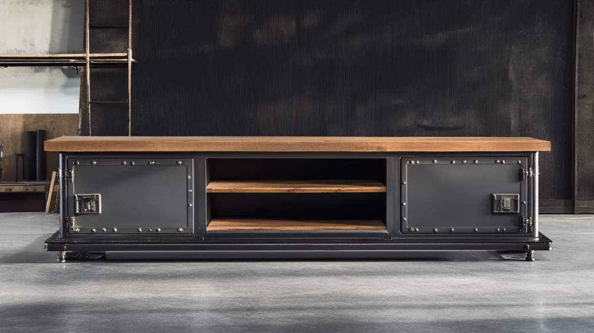 industrial style metal and wood tv unit design