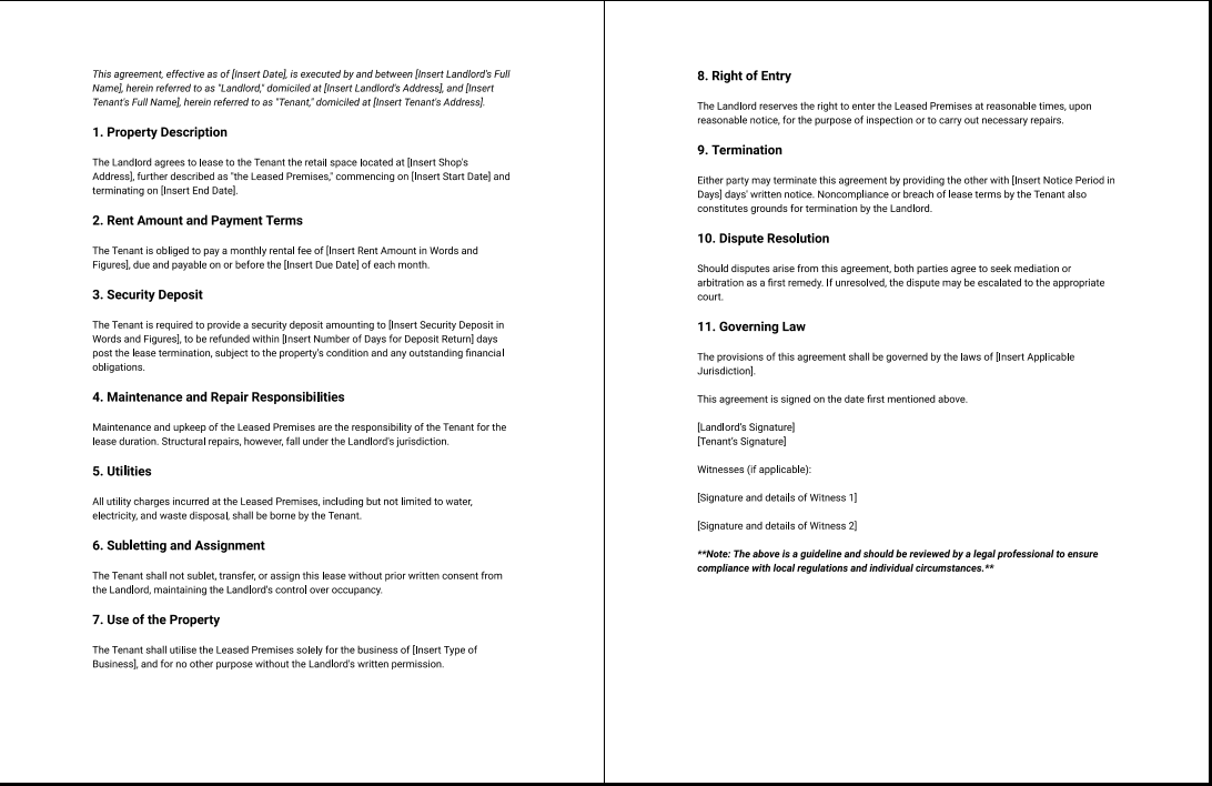 Rent Agreement Format for Shop 