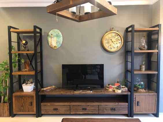 rustic wooden unit tv hall design