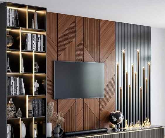 textured tv unit design with textured wallpaper