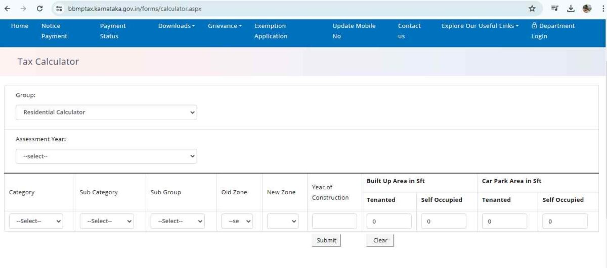 bda property tax calculation page