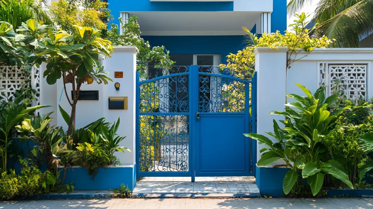 blue paint main gate colour with grill and glass combination