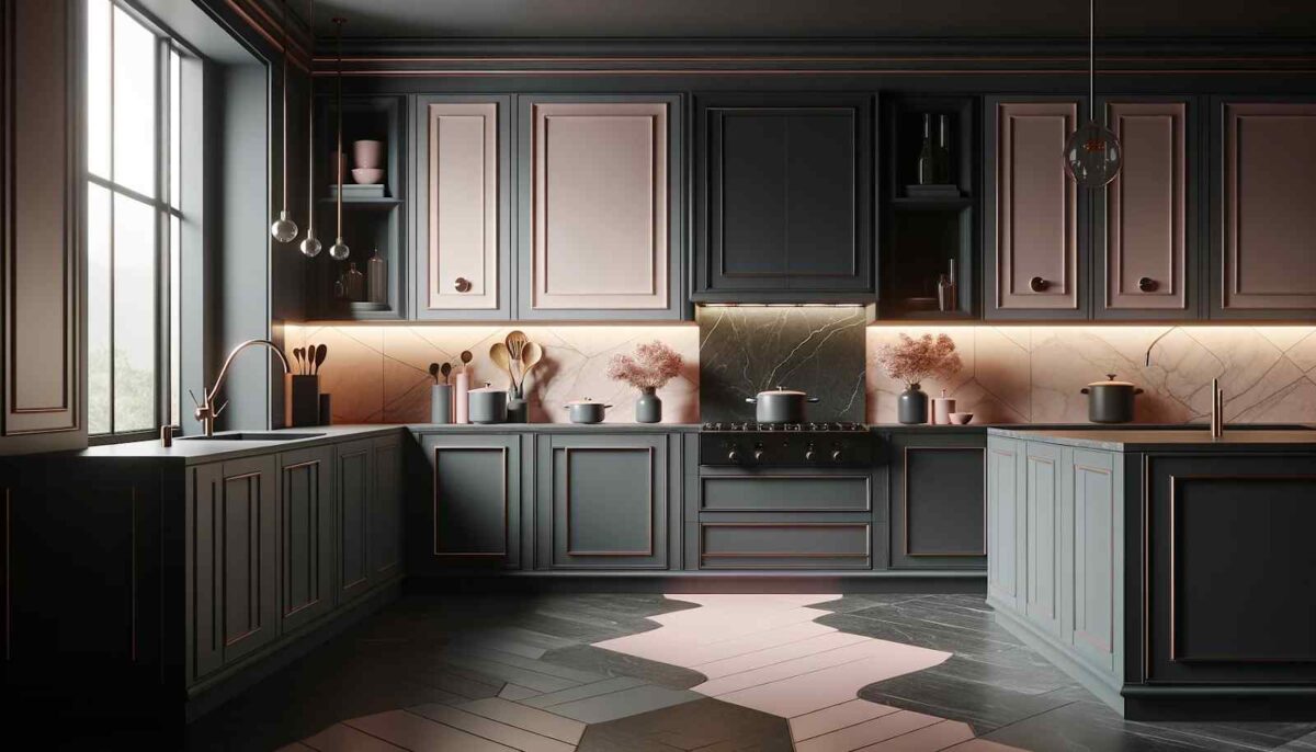 charcoal grey and blush pink two colour combination for kitchen laminates