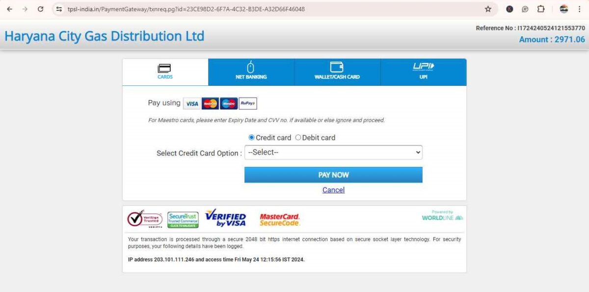 choose a payment method page in haryana city gas bill payment website