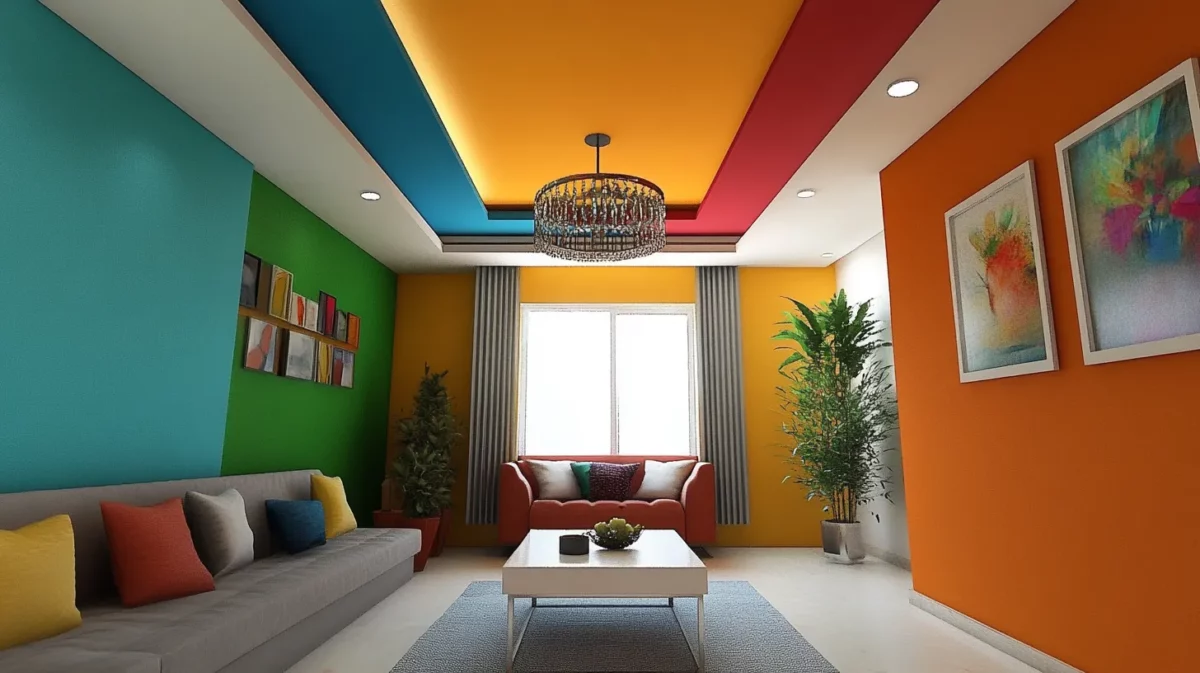 colourful pops of colour in a rectangular hall ceiling