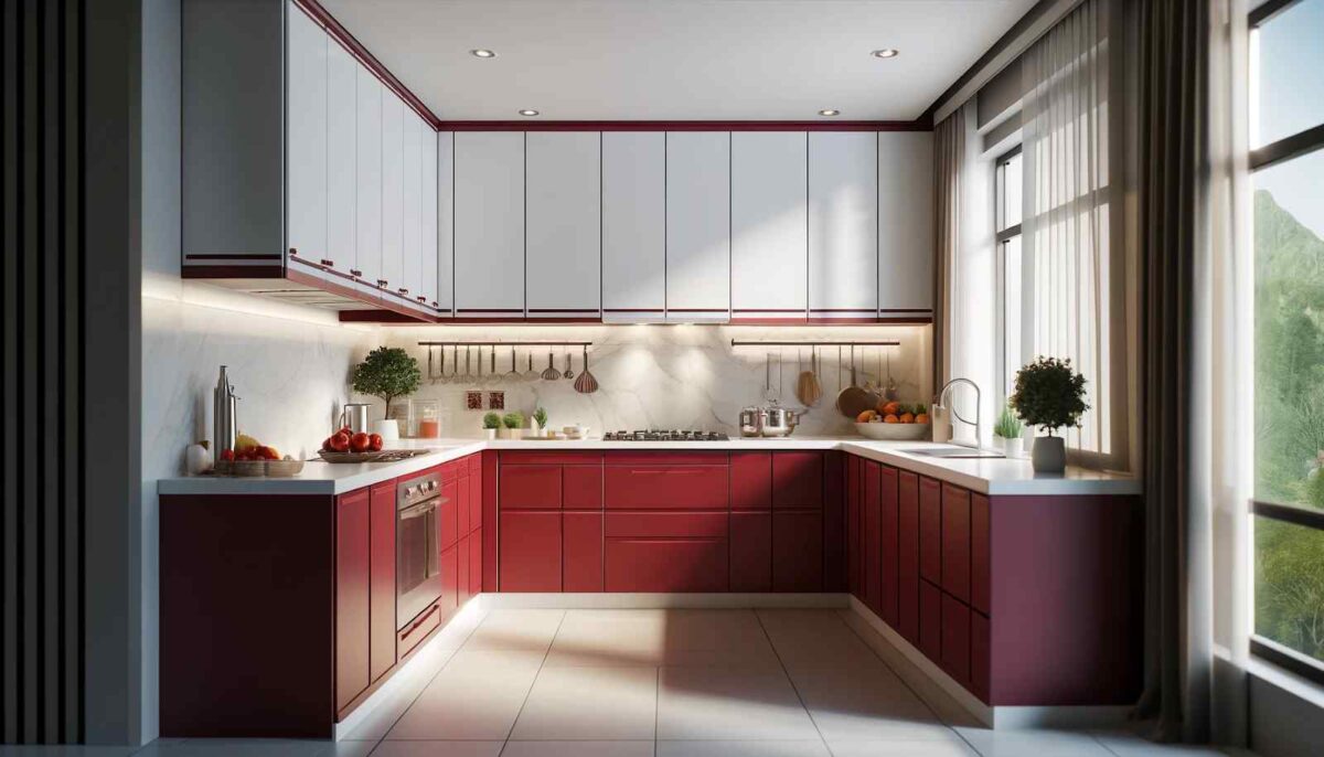 crimson red and snow white kitchen sunmica colour combination