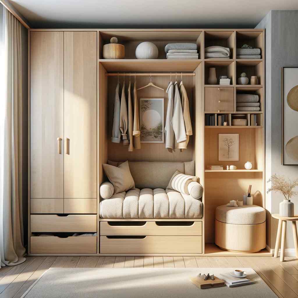 cupboard with a seating area wardrobe designs for the rooms