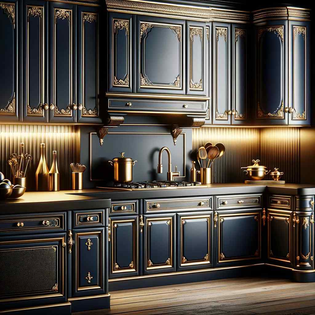 deep navy and brass accents two colour combination for kitchen laminates