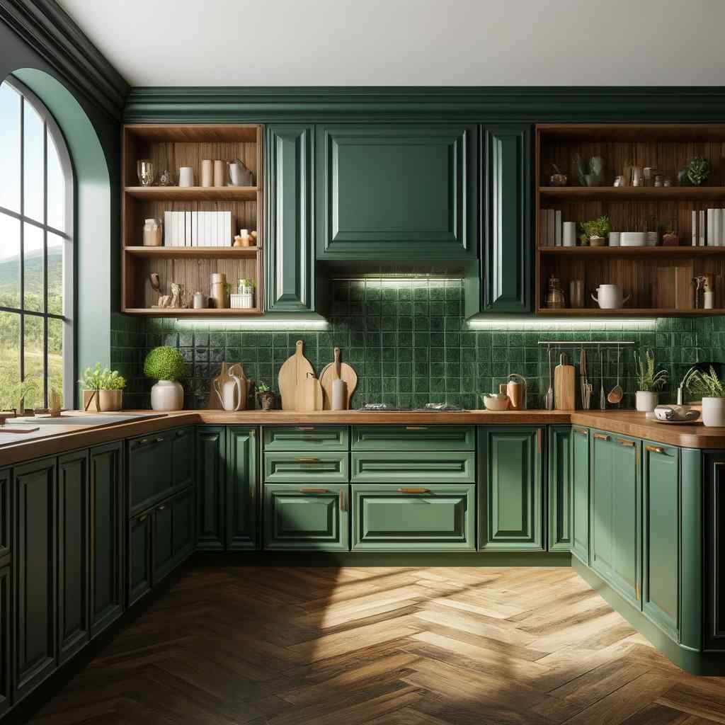 emerald green and rich walnut kitchen sunmica colour combination