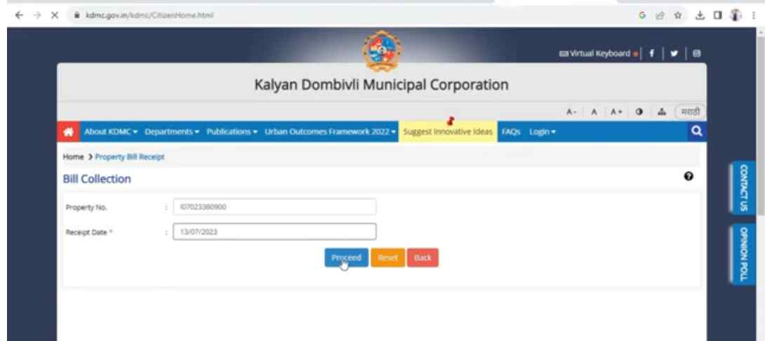 fill application number to download kdmc property tax receipt