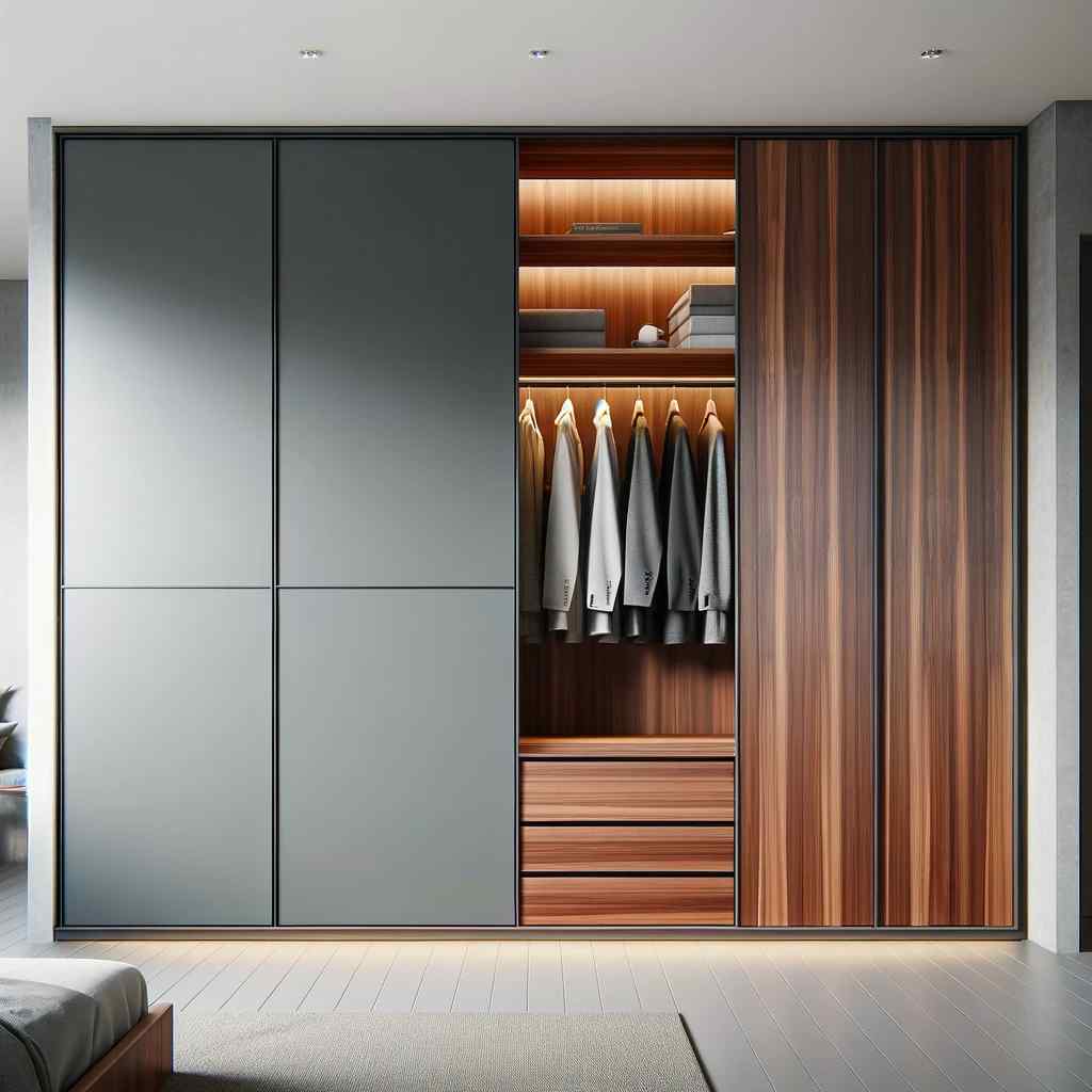 grey and teak two colour wardrobe design colour combination