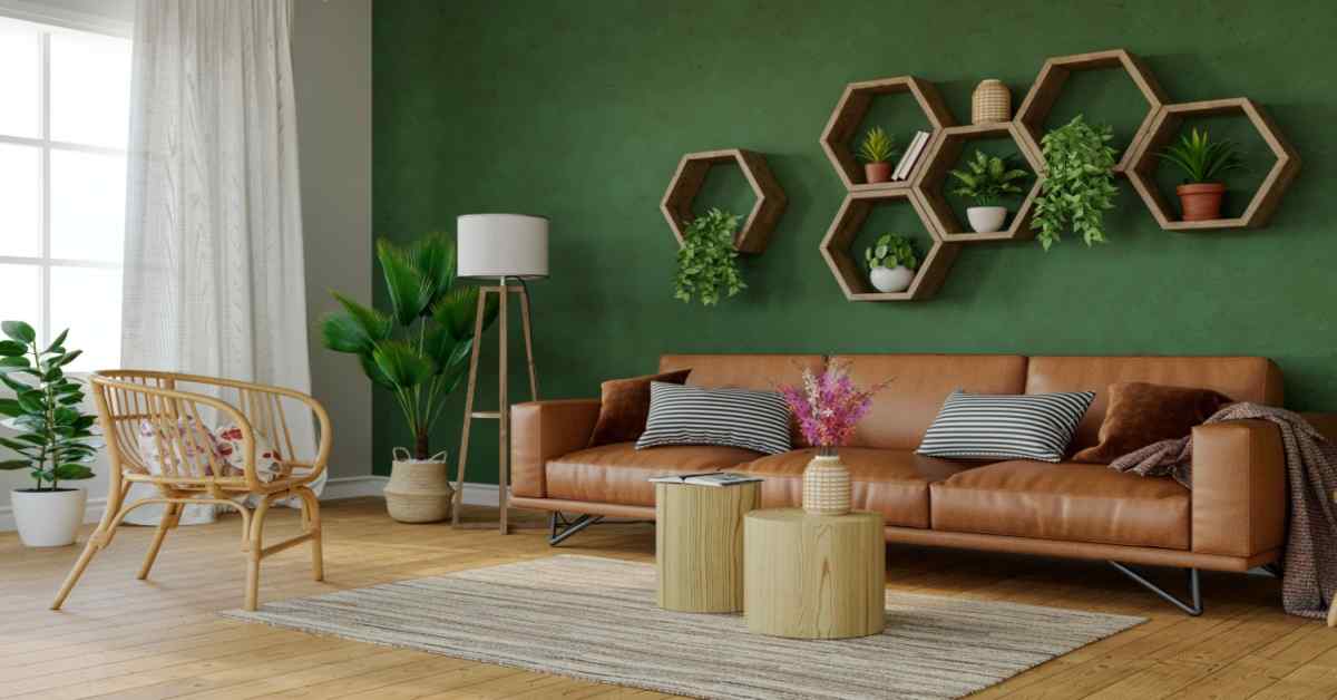 living room with green and blush hall wall colour combination