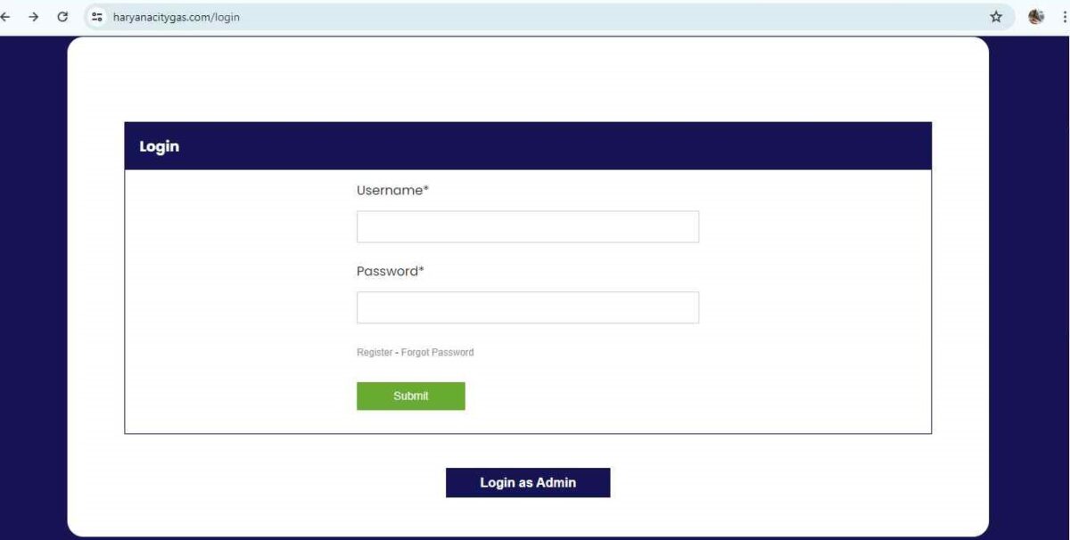 log in using your registered credentials page in haryana city gas bill payment