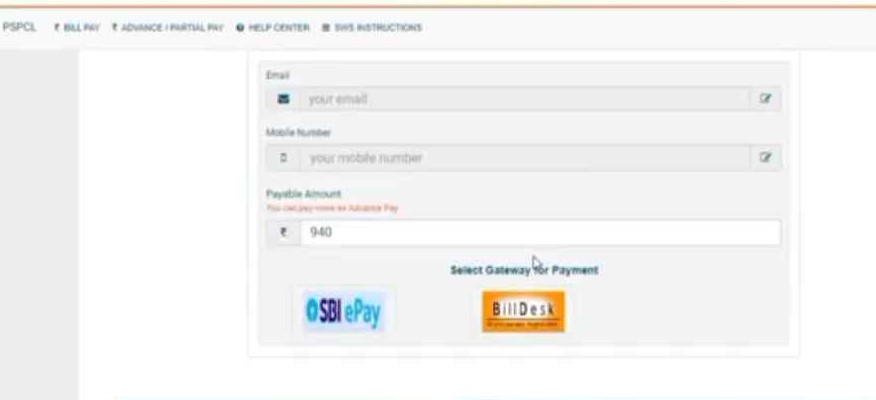 make payment option on pspcl bill payment portal page