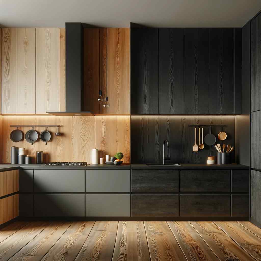 matte black and wood grain modern two colour combination for kitchen laminates