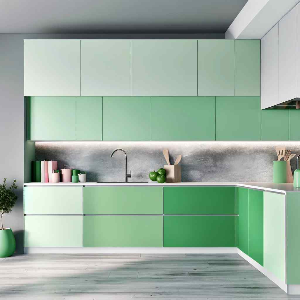 mint green and soft grey two colour combination for kitchen laminates