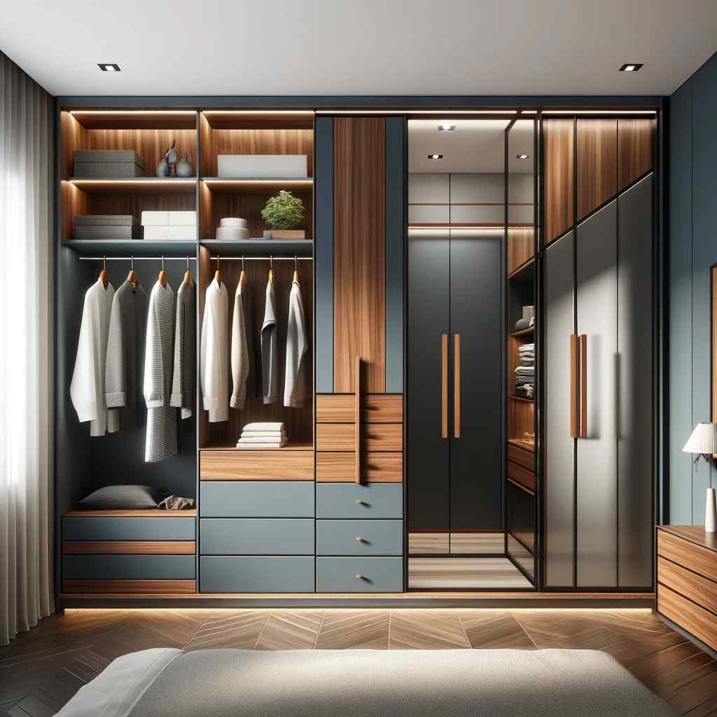 navy blue and walnut two colour combination of wardrobe design