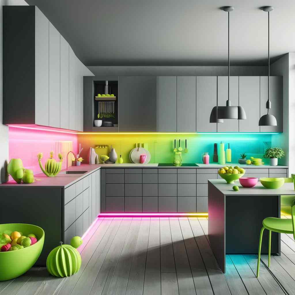 neutral grey and pop of neon modern two colour combination for kitchen laminates