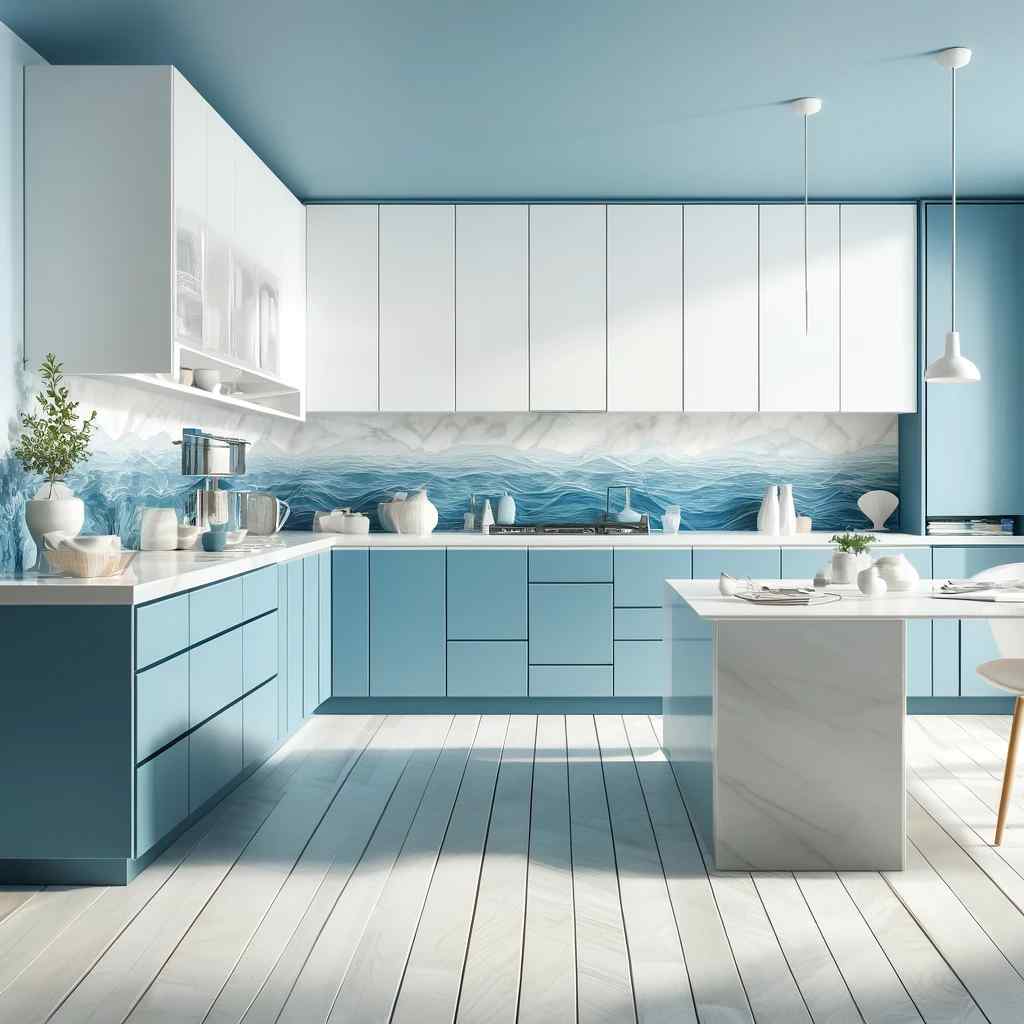 oceanic blue and white two colour combination for kitchen laminates