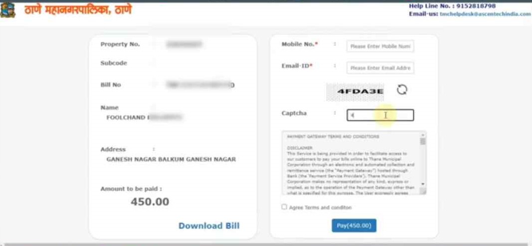 payment method page in tmc property tax bill download