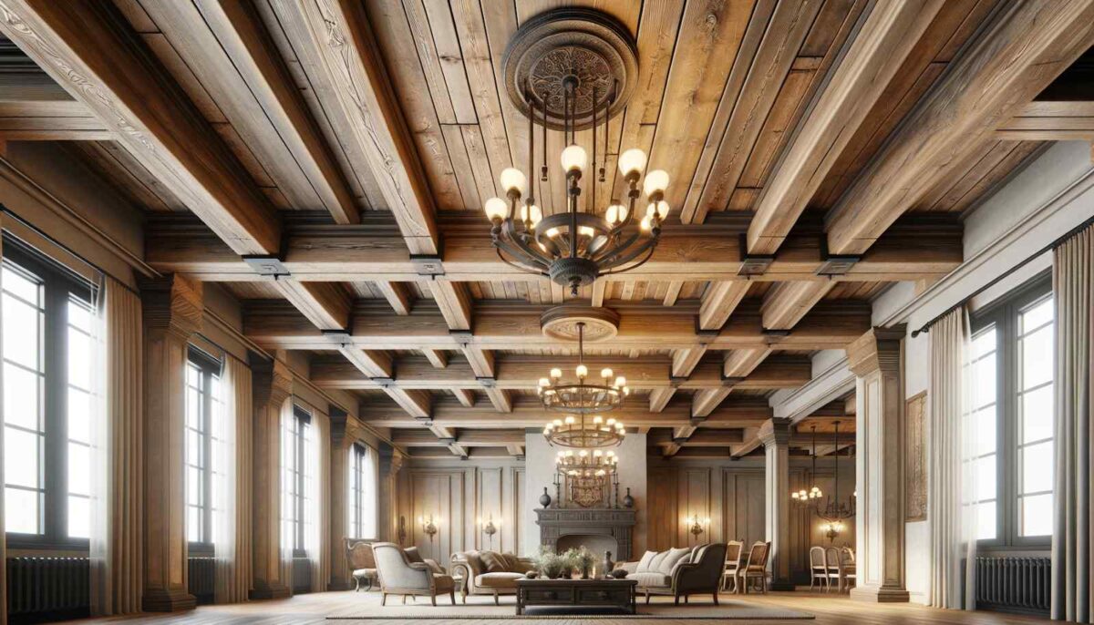 rustic wooden beams false ceiling design