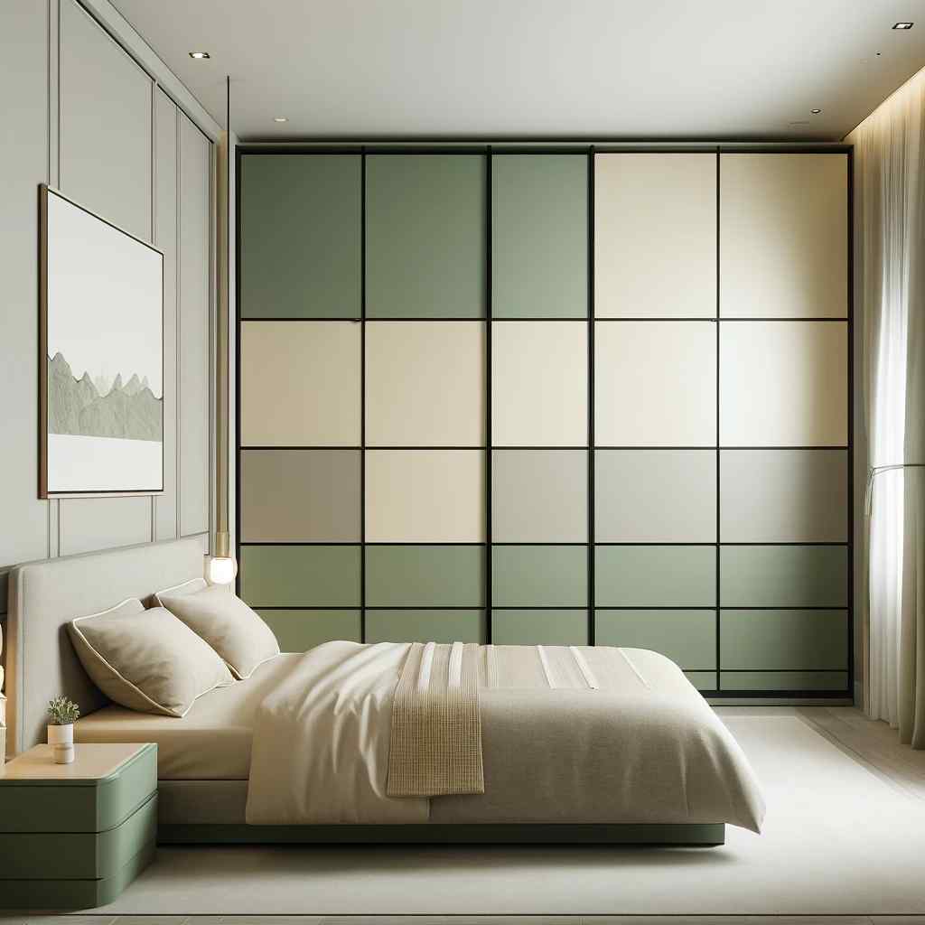 sage green and beige modern two colour combination of wardrobe design