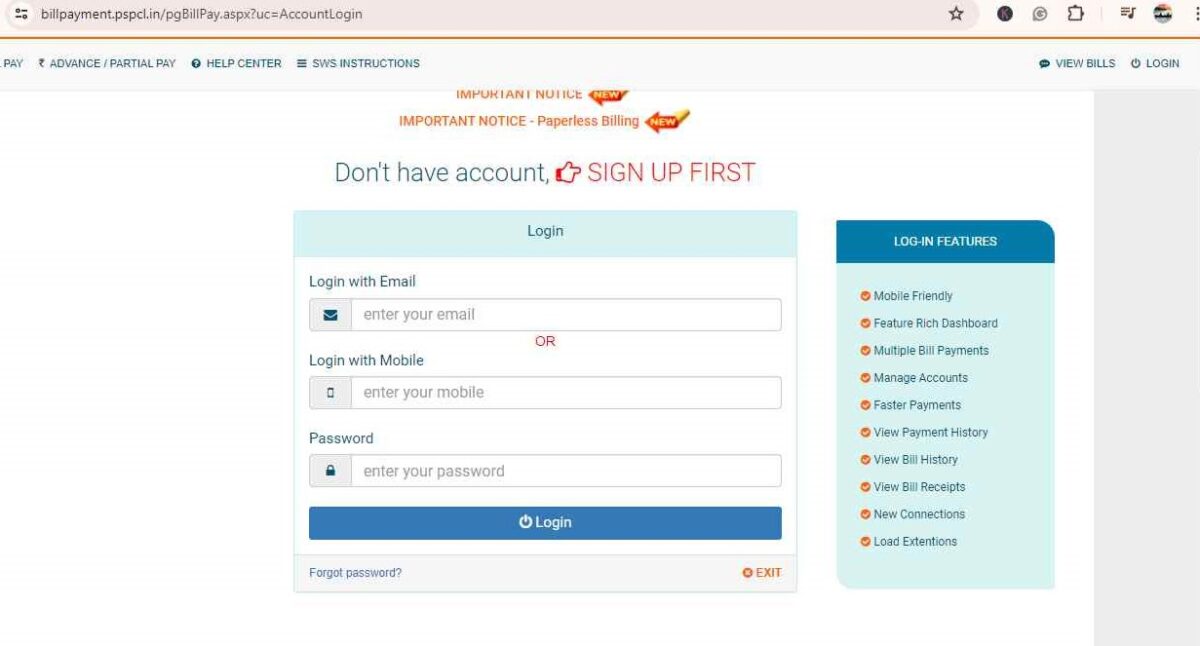 sign in pspcl bill payment online official web page