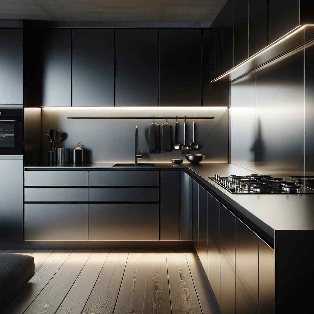 sleek black and stainless steel modern two colour combination for kitchen laminates