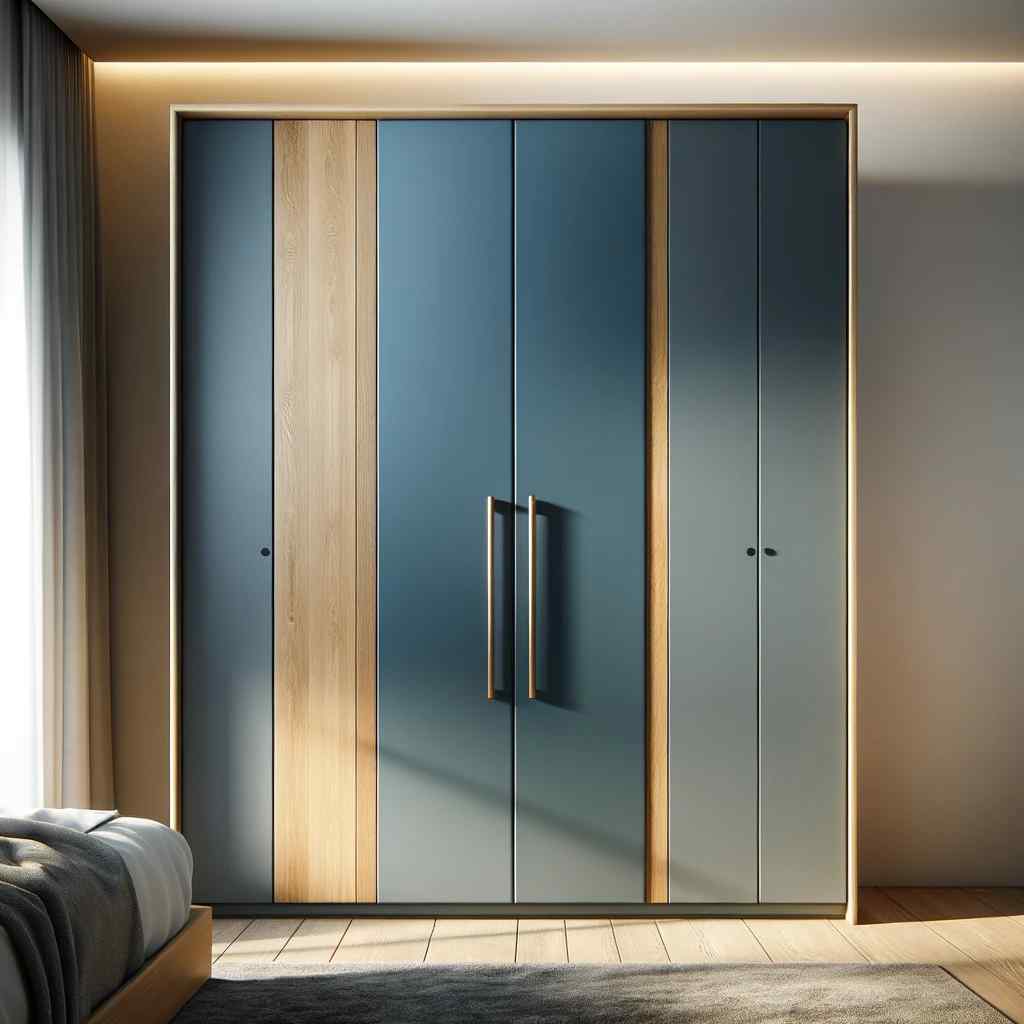 steel blue and oak modern two colour combination of wardrobe design