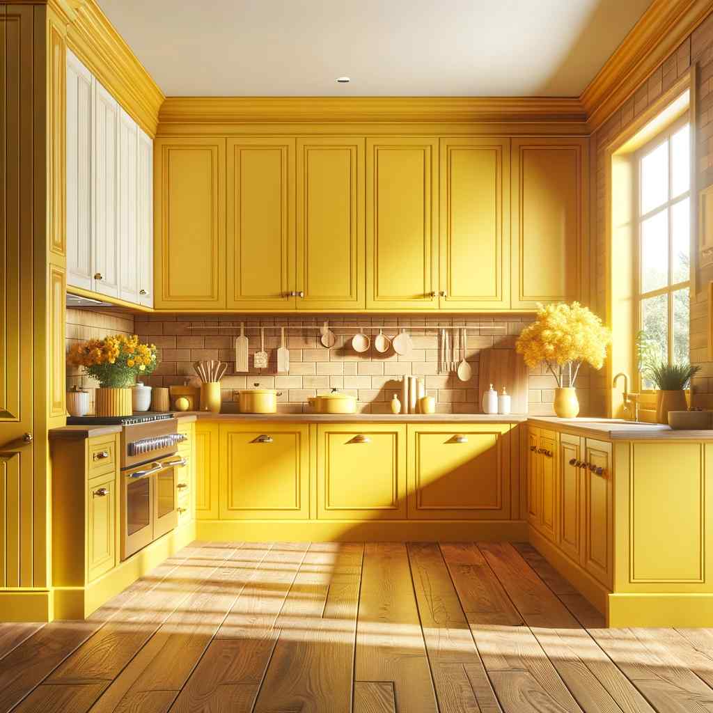 sunny yellow and warm wood two colour combination for kitchen laminates