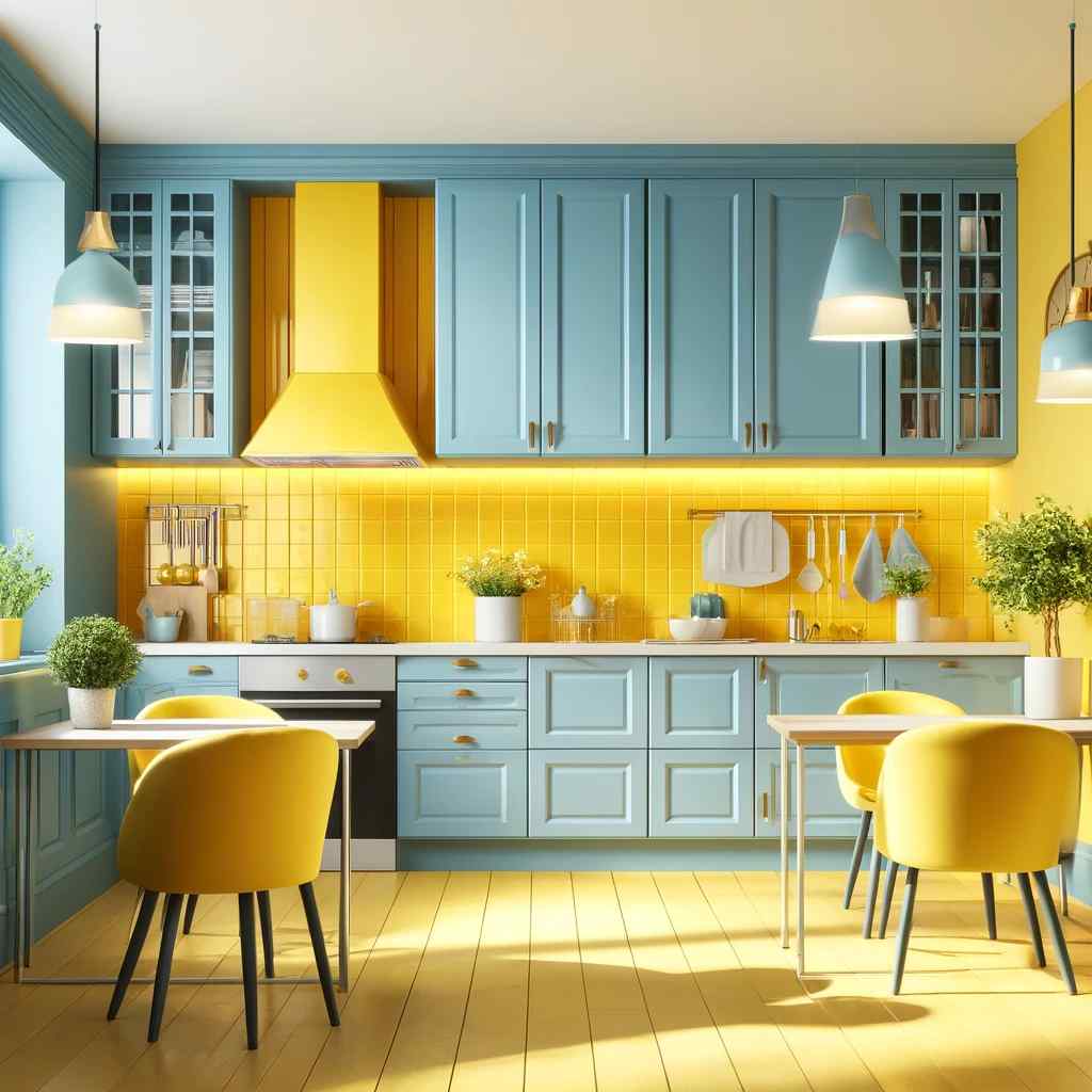 sunshine yellow and sky blue kitchen sunmica colour combination