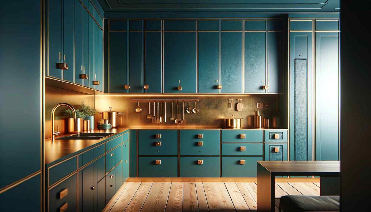 teal blue and brass hardware modern two colour combination for kitchen laminates