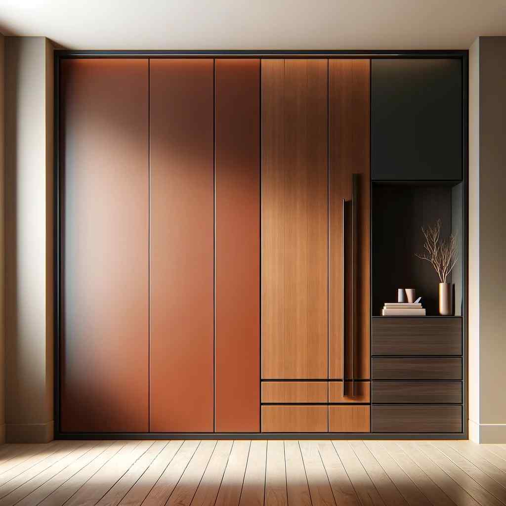 terracotta and dark walnut modern two colour combination of wardrobe design