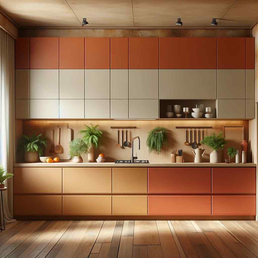 terracotta orange and creamy beige two colour combination for kitchen laminates