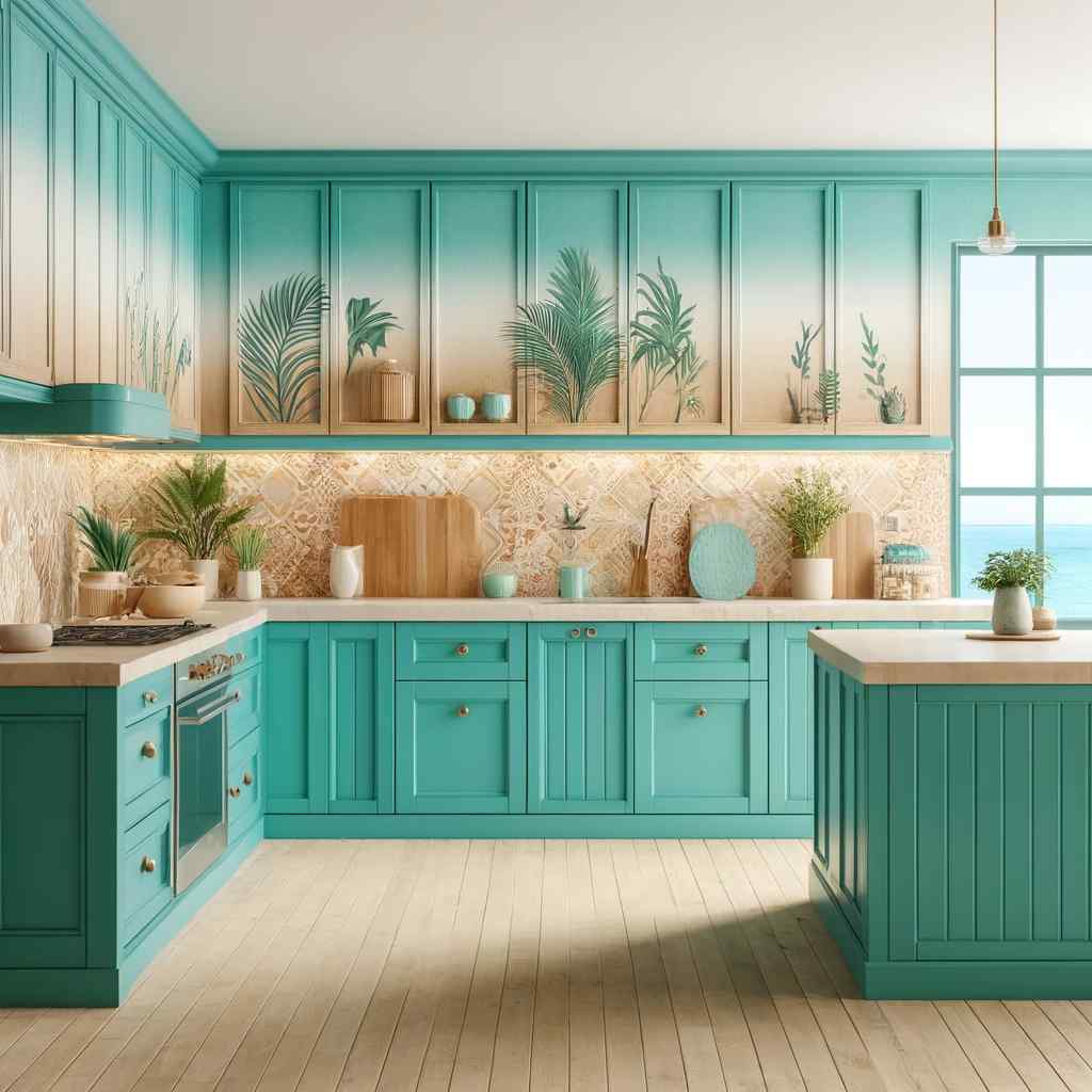 tropical turquoise and sandy beige kitchen sunmica colour combination