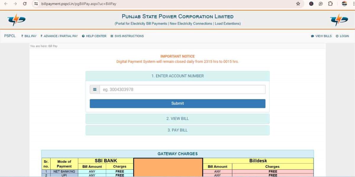 view bills in pspcl bill payment online official web page