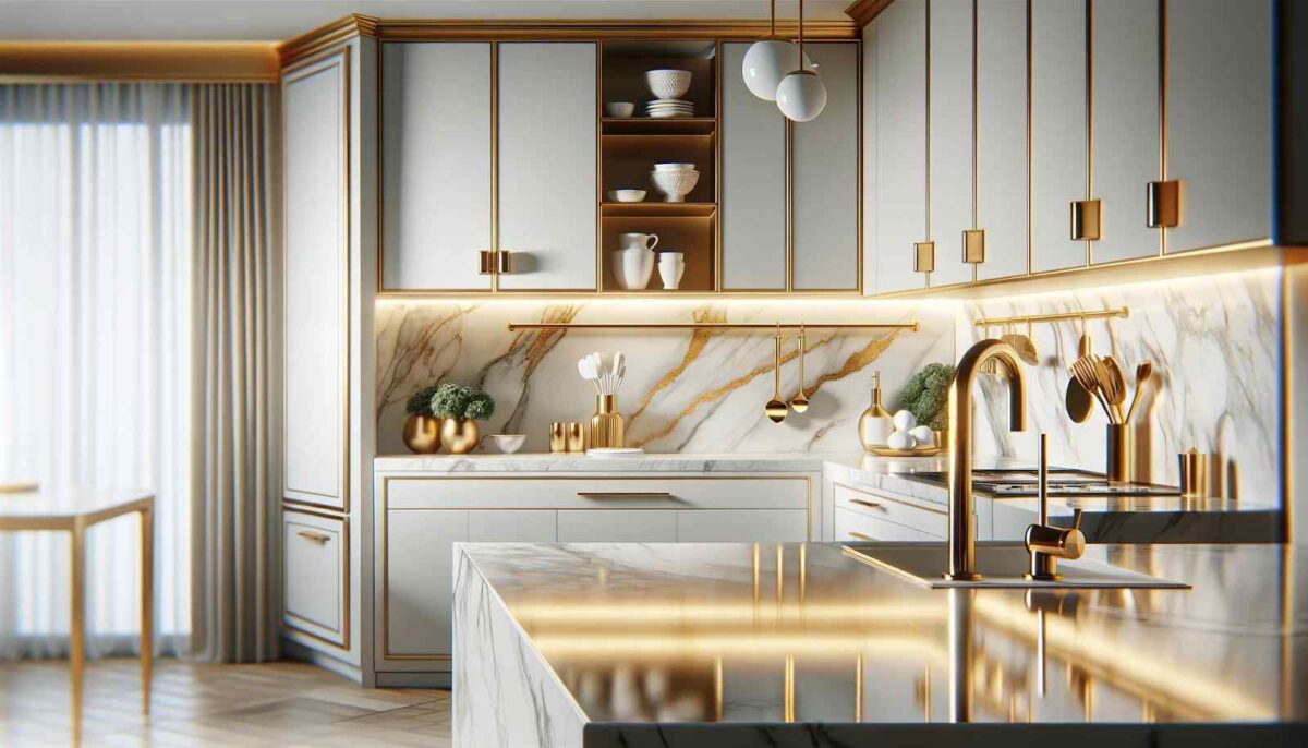 white marble and gold accents modern two colour combination for kitchen laminates