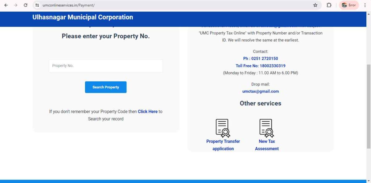 enter your property number in ulhasnagar property tax bill receipt download