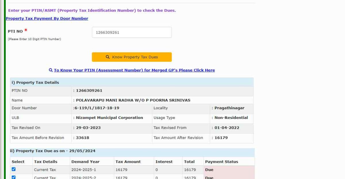 know property tax dues in nizampet property tax online payment