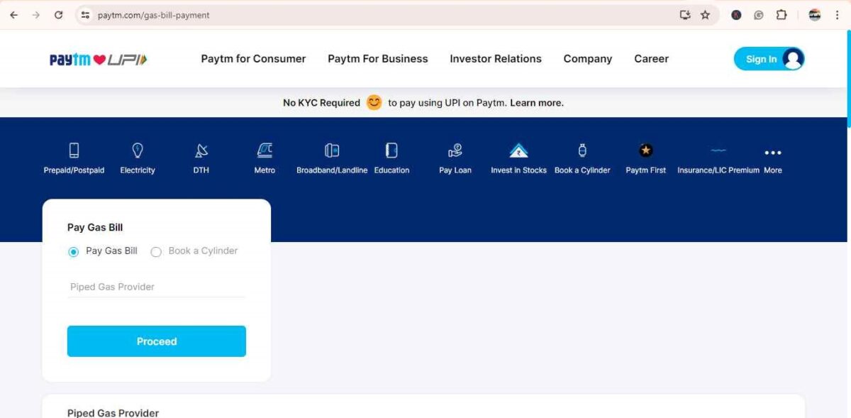 select your piped gas provider option in paytm to pay charotar gas bill payment online