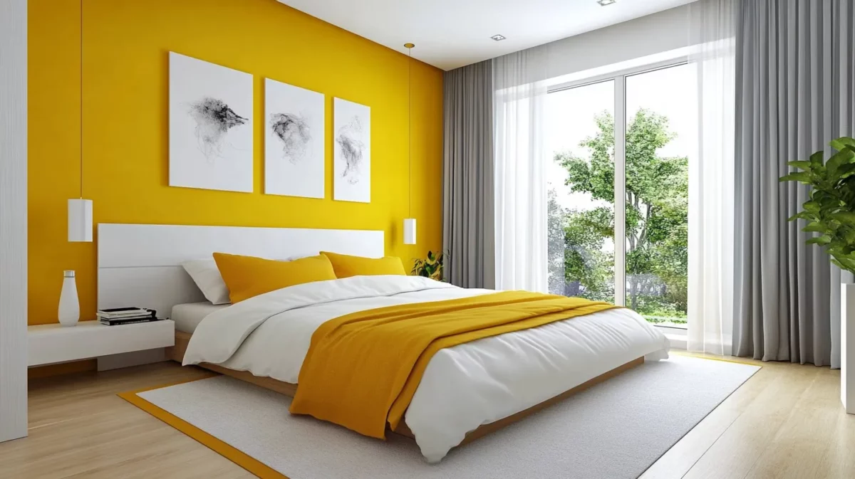 white and burnt yellow colour combinations for bedroom walls