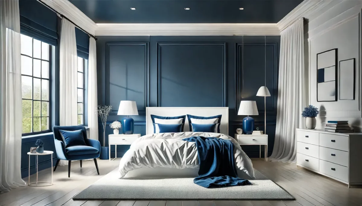 deep blue and snow white are the best wall colour combination for bedroom
