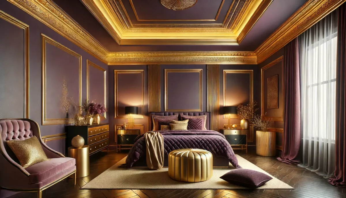 deep purple and gold two colour combination for bedroom walls