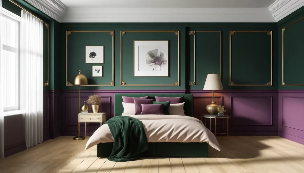 emerald green and plum purple two colour combination for bedroom walls