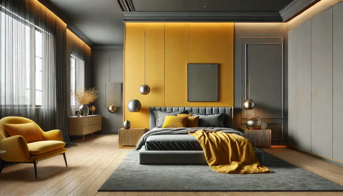 grey and mustard yellow wall colour combination for bedroom