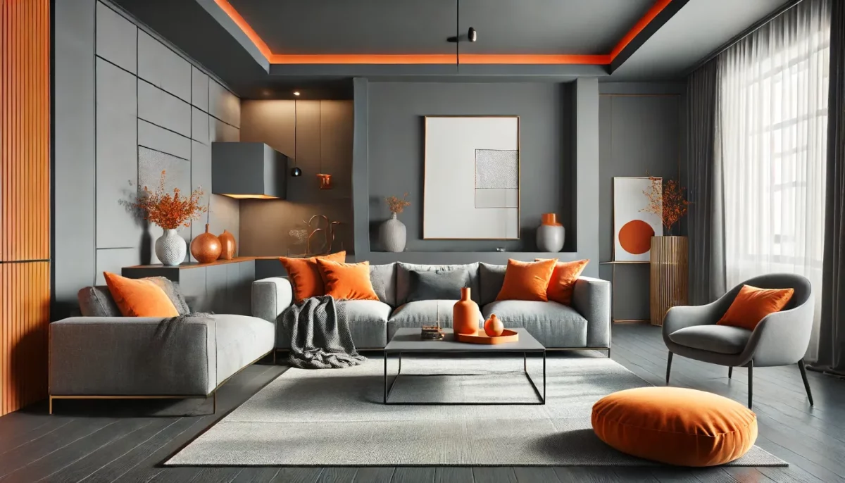 grey and orange colour combination living room