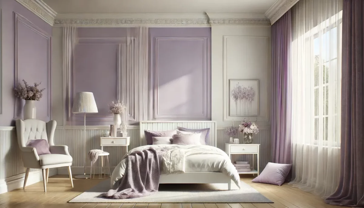 lavender purple wall colour combination for bedroom with off white