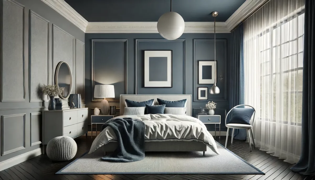navy blue and grey wall colour combination in the bedroom